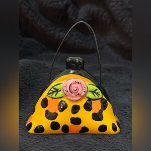Orange and Black Pink Floral miniature porcelain hand bag.